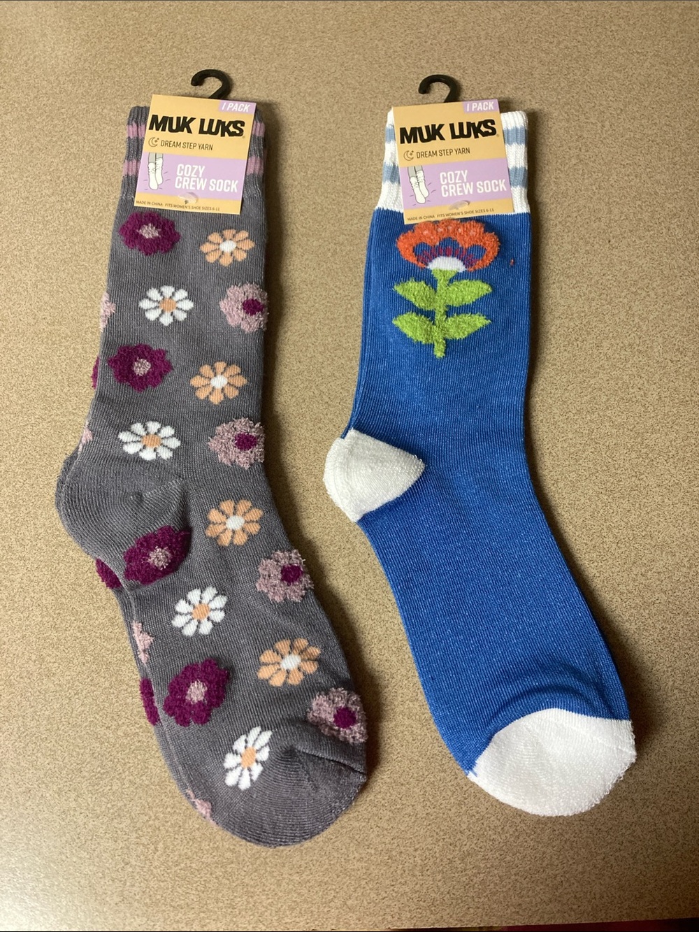 Muk Luks ladies Gray Floral & Blue Floral Crew Socks